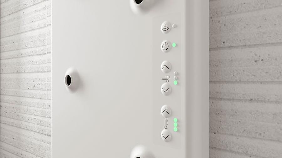 Control panel for the Shower dryer. With the control panel, you can choose from different combinations of heat and power to customize your experience with the body air dryer