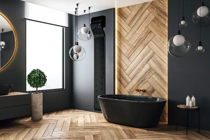 Black Valiryo installed next to a bathtub in a designer bathroom